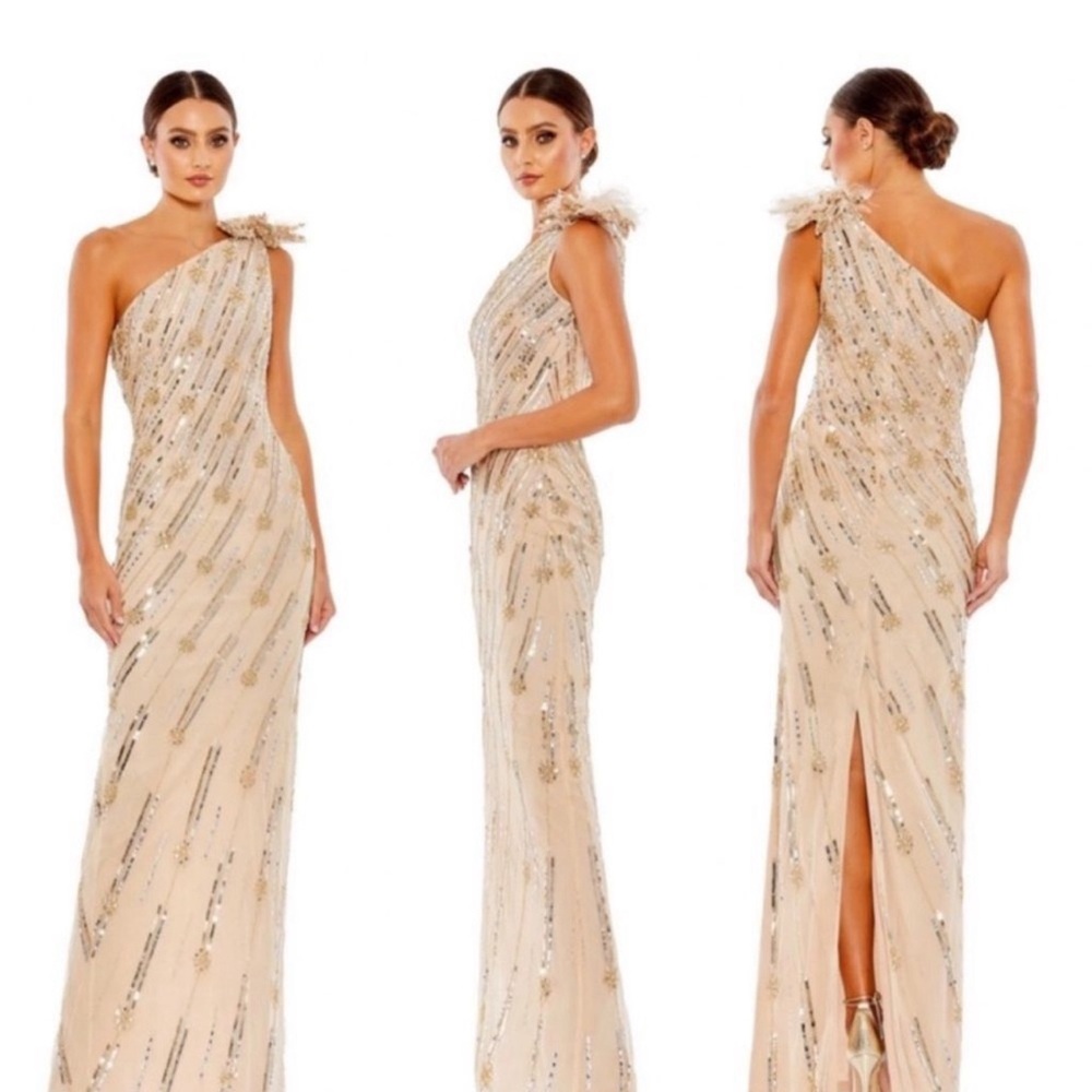 Mac Duggal beaded sequin floral one shoulder column gown size 8